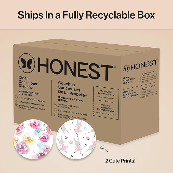 The Honest Company Comfort Dry Disposable Diapers for Sensitive Skin, Hypoallergenic, Rose Blossom + Tutu Cute, Super Club Box Size 1 (8–14 lbs), 136 Count