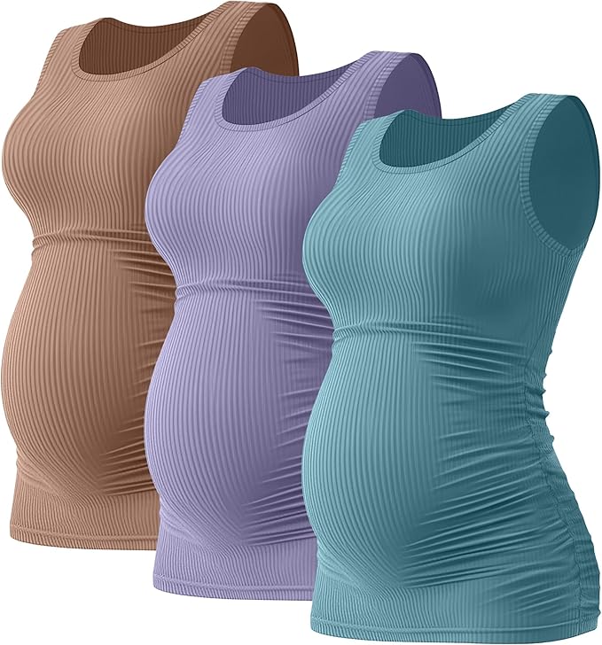 Riyiper 3 Pack Women's Maternity Tank Tops, Sleeveless Cotton Pregnancy Shirts Ribbed Knit Sides Ruched Basic Mama Clothes