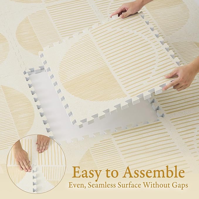 PopsyKosy Premium Baby Floor Play Mat - Thick & Cushioned 0.5 inch Playroom Foam Mat, Non-Toxic Odorless - 6 Tiles - Spacious 6x4 ft. - Stylish & Large, Waterproof for Kids & Toddlers - Ecru Linen
