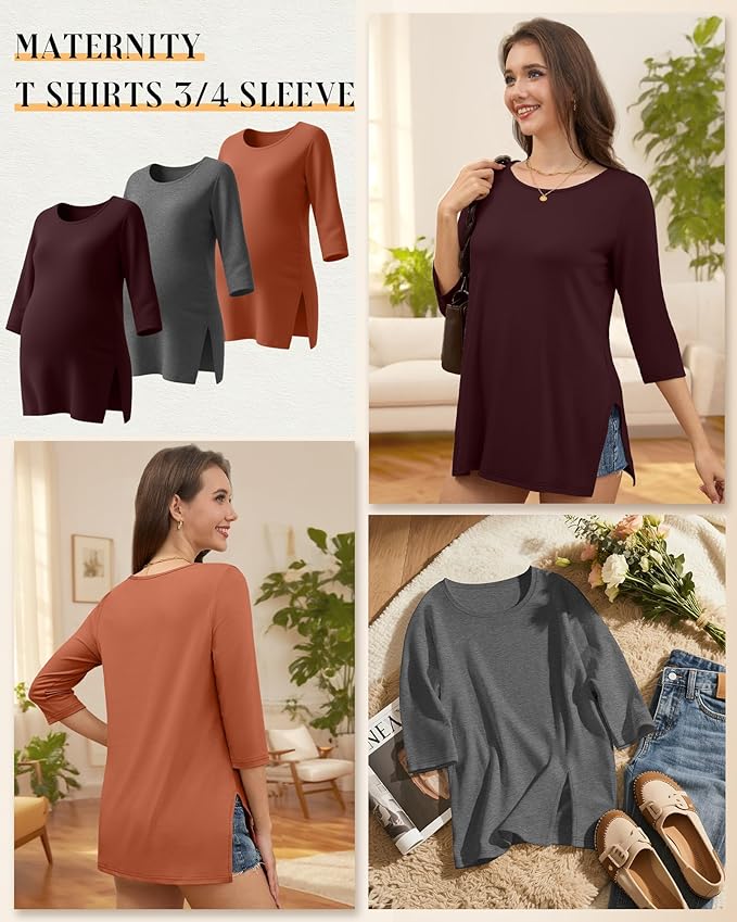 3 Pack Women's 3/4 Sleeve Maternity Shirts Elbow Length Clothes Round Neck Tunics Pregnancy Loose Side Split Tops