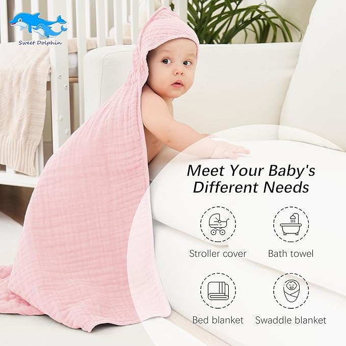 SWEET DOLPHIN Muslin Hooded Baby Bath Towels - 2 Pack 100% Cotton Towel for Babies, Infants, Toddlers - 32x32Inch - Highly Absorbent and Newborn Essential, Pink