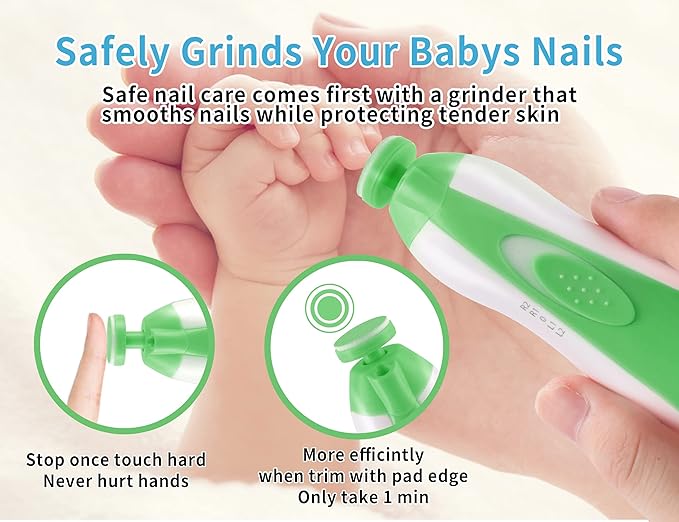 Electric Baby Nail Trimmer, Safe Gentle Nail File Grinder Kit with LED Light, Whisper Quiet, 6-in-1 Nail Care Set for Newborns Toddlers Kids & Adults, Adjustable Speed & Rotation, Portable Trave.Green