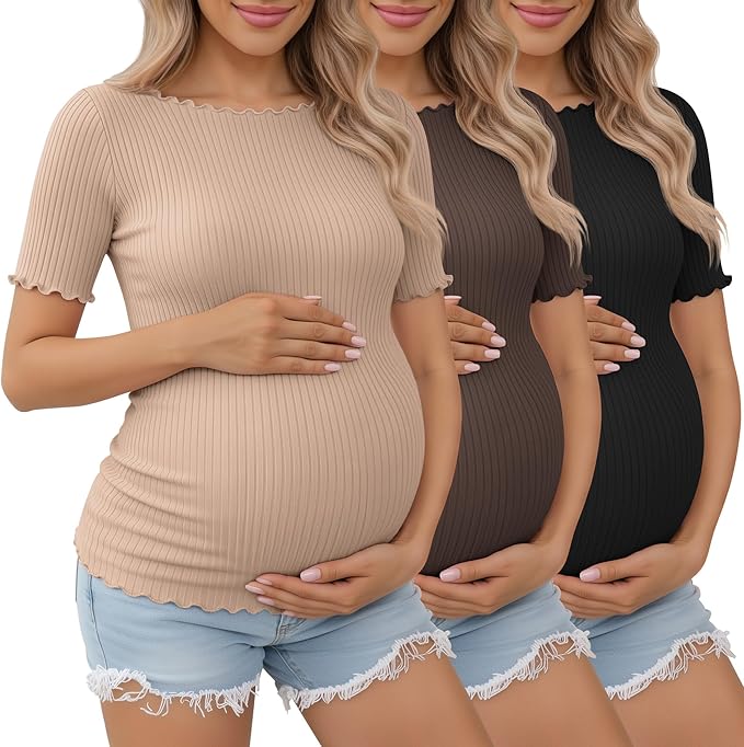 3 Pack Women's Maternity Ribbed Shirts Cotton Short Sleeve Pregnancy Tops Boat Neck Lettuce Trim Mama Clothes