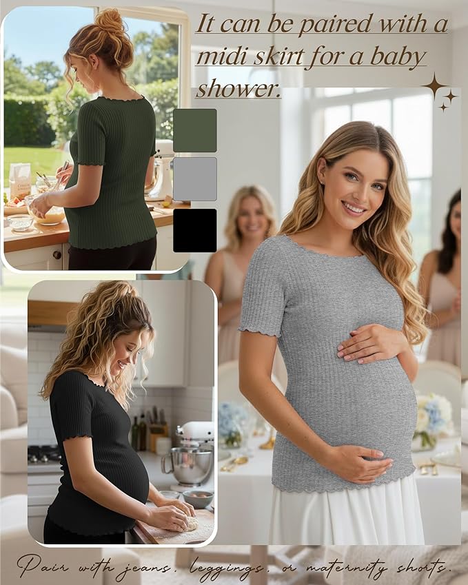 3 Pack Women's Maternity Ribbed Shirts Cotton Short Sleeve Pregnancy Tops Boat Neck Lettuce Trim Mama Clothes