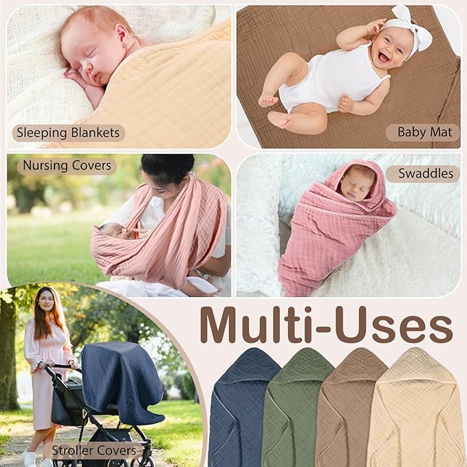 Peryiter 4 Pcs Muslin Hooded Baby Towels 32x32inch Cotton Newborn Bath Essentials Muslin Infant Blankets Absorbent Registry Baby Shower Present for Babies Girl Boy Kids (Green)
