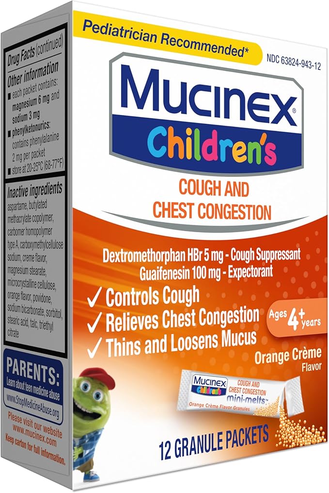 Mucinex Children's Chest Congestion Expectorant and Cough Suppressant Mini-Melts, Orange Cream, 12 Count (Packaging May Vary)