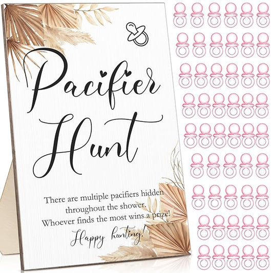 Roowest 51 Pcs Pacifier Hunt Baby Shower Games Include Wooden Hunt Sign and 50 Acrylic Mini Plastic Pacifiers for Baby Shower Game Decoration Gift Sets Gender Reveal Party Supplies