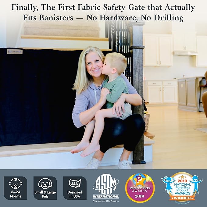 The Stair Barrier First Fabric Banister to Banister Baby Gates for Stairs 42”–52” Wide x 32” Tall– No Drill Baby Gate for Top or Bottom Staircase, Machine-Washable Climb Proof, Designed in USA, Black