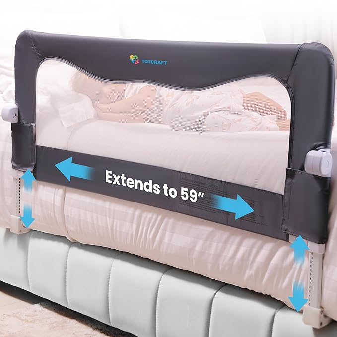 TotCraft Flexguard Height & Length Adjustable Bed Rail for Toddlers – Fits Twin, Full, Queen & King Beds – 35.5″ or 59″ Two Fixed Lengths – 14 Height Levels – ASTM Certified Bed Rail for Baby (Grey)