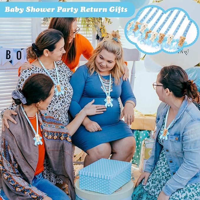 Remuuly 24 Pcs Baby Shower Pacifier Necklaces with Plush Bears Its a Boy Acrylic Pacifier Necklaces for Guest Baby Shower Games Party Favors Gender Reveal Prize Table Scatter Decorations