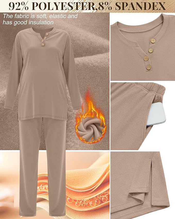 2 Piece Thermal Maternity Lounge Set Postpartum Pregnancy Fleece Loungewear Long Sleeve Top and Wide Leg Pant