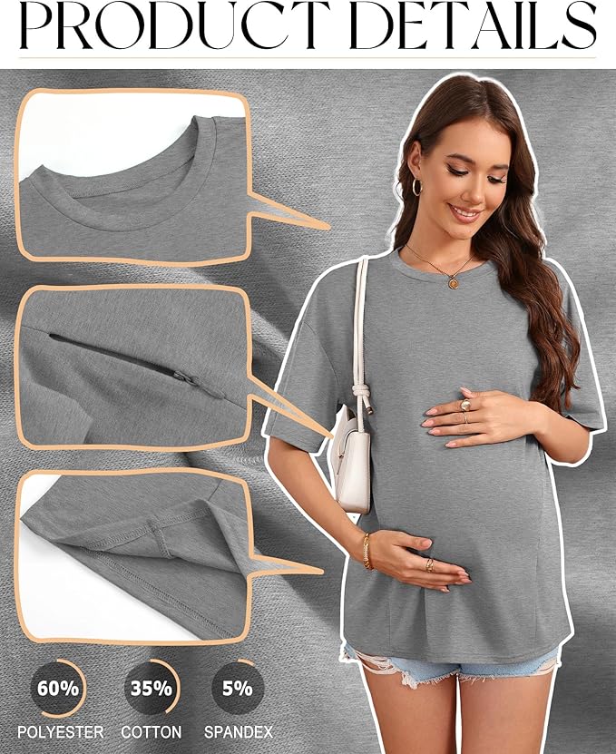 3 Pack Women's Oversize Nursing Breastfeeding Shirts Hidden Zipper Short Sleeve Loose Fit Maternity Tops