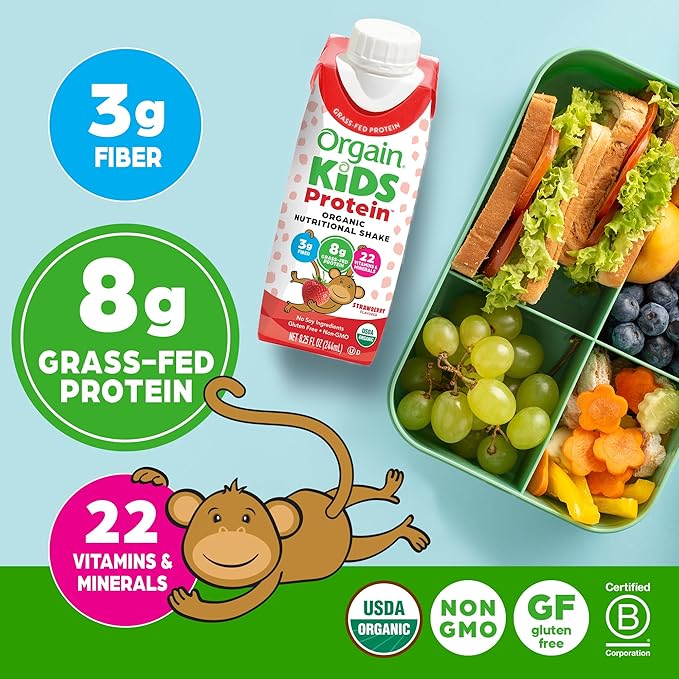 Orgain Organic Kids Nutritional Protein Shake, Strawberry, Healthy Kids Snacks, 8g Dairy Protein, 3g of Fiber, 22 Vitamins & Minerals, No Soy ingredients, Gluten Free, Non-GMO, 8.25 Fl Oz (Pack of 12)