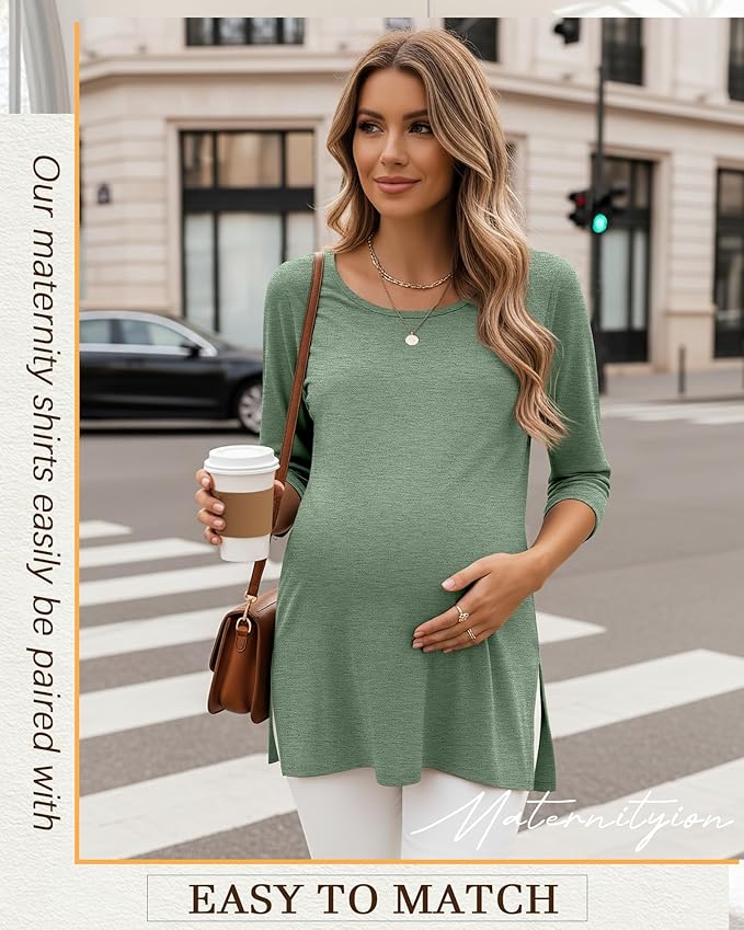 3 Pack Women's 3/4 Sleeve Maternity Shirts Elbow Length Clothes Round Neck Tunics Pregnancy Loose Side Split Tops
