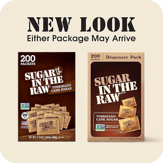 In The Raw Turbinado Cane Sugar Packets, 200 Ct Box, 1 Pack, Pure, All-Natural Turbinado Sugar, Non-GMO Project Verified, Kosher, Vegan and Gluten Free