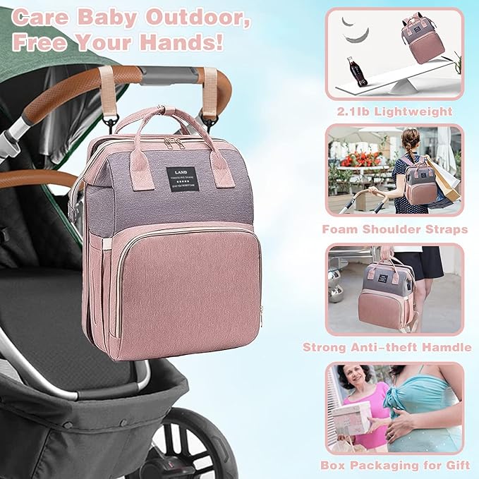 Baby Diaper Bags with Changing Station,Waterproof Diaper Bag Backpack for Moms Dads with USB Charging Port,Large Capacity Multifunctional Baby Essentials(Pink-Grey)