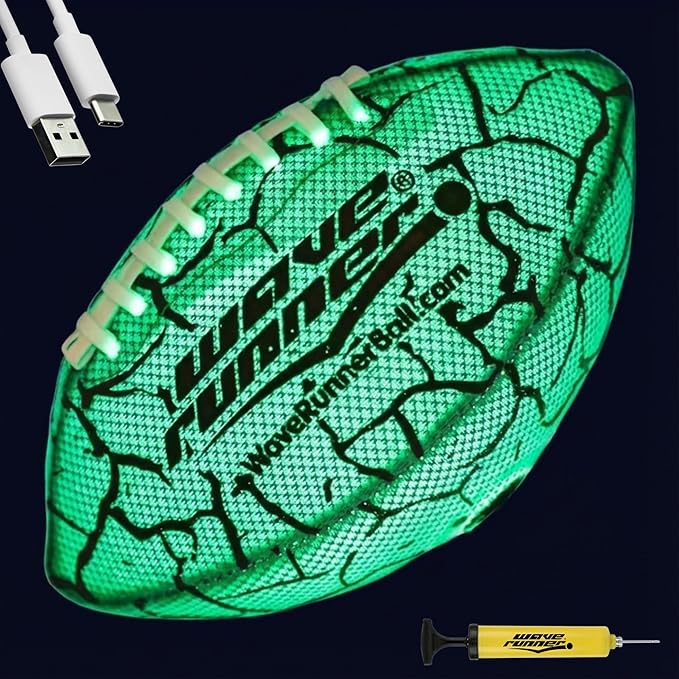 Wave Runner Glow in The Dark LED Football - Junior Size Waterproof Light Up Football, Type-C Rechargeable with Pump, Outdoor Sports Toy for Kids, Teens, and Adults