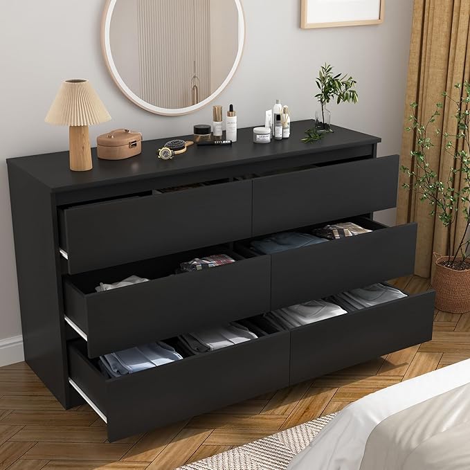 Black Dresser for Bedroom, Modern 6 Drawer Dresser with Deep Drawer,Wide Chest of Drawers, Bedroom Storage Organizer Furniture,TV Stand for Living Room