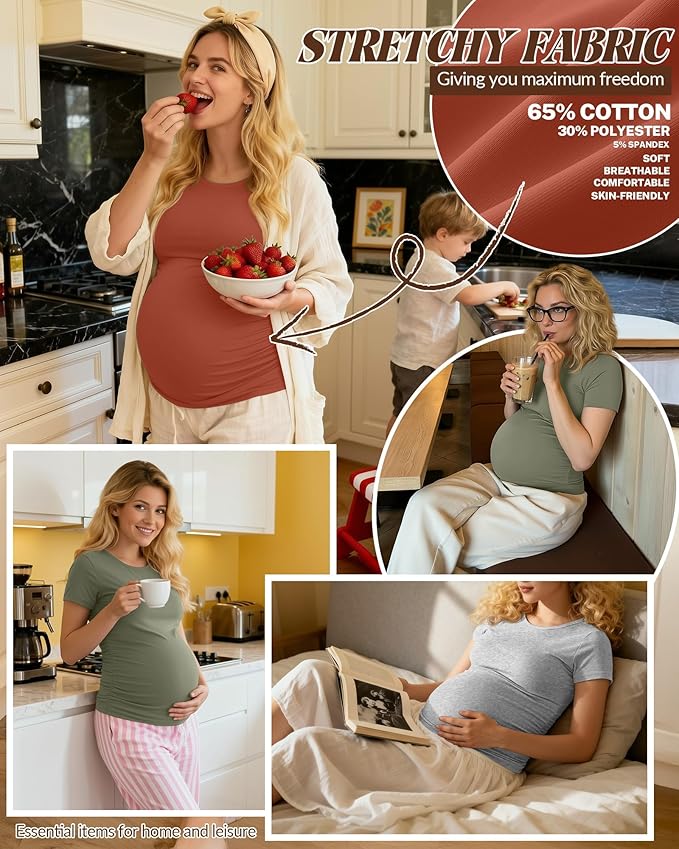 Huukeay 4 Pack Women's Maternity Shirts, Crew Neck Maternity Top Short Sleeve Casual Cotton Tee Side Ruched Pregnancy Clothes