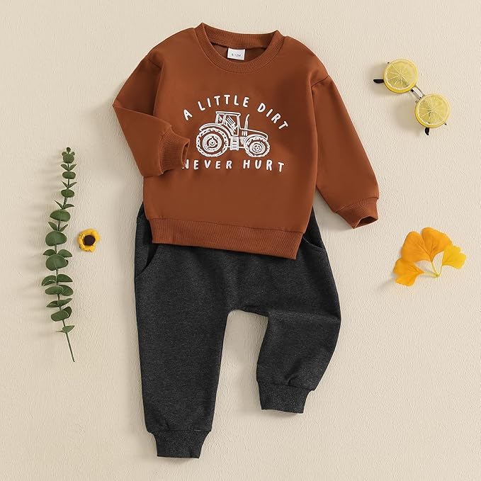 Toddler Baby Boy Fall Winter Outfits Tractor Print Long Sleeve Sweatshirt Pants Set Kids Sweatsuit Clothes