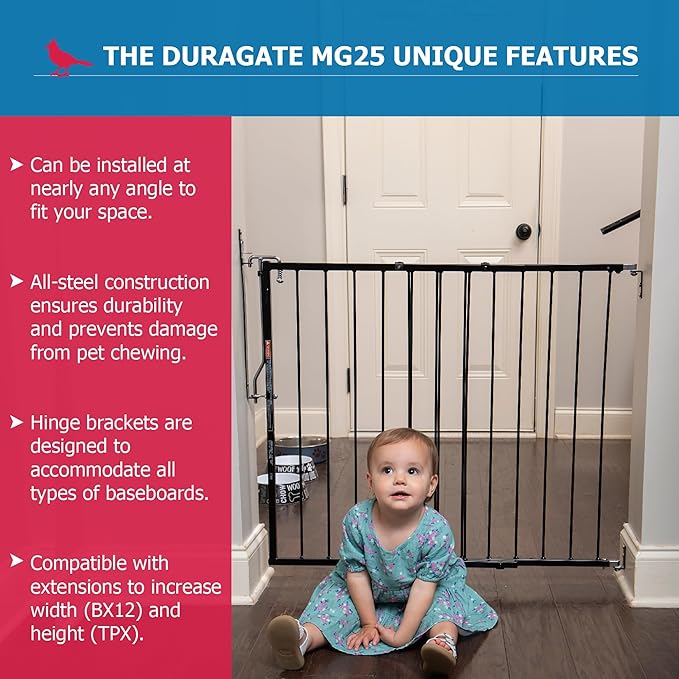 Cardinal Gates MG25 Duragate Baby Gate - Adjustable Dog Gate - Steel Safety Gate for Kids & Pets - 26.5 to 41.5 Inches Wide - Black (+ BX12 (12.5" Width Extension))