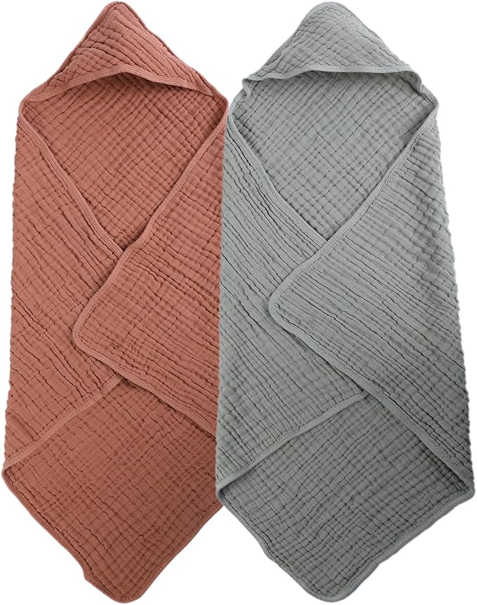 Newborn Hooded Towels 2-Pack, 100% Cotton Plain Weave Muslin Baby Bath Towels, Soft & Absorbent, 32x32 Inches (Sand Red + Emerald Green)