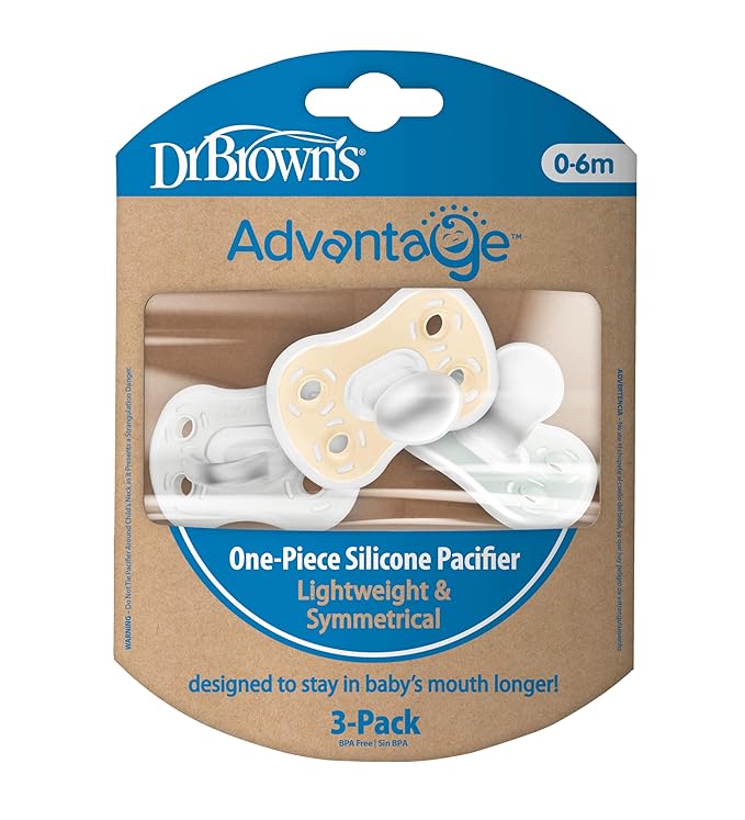 Dr. Brown's Advantage One-Piece Silicone Baby Pacifier, Fully Symmetrical Soother, Ecru/Gray/Green, 0-6m, BPA Free, 3 Pack