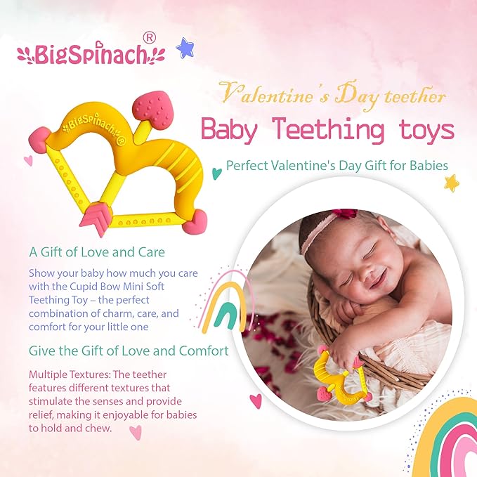 Teethers Heart Shape Silicone Baby Teether Toy Easy for Little Hands to Hold,Cupid Bow and Arrow Soft Teething Toy for Infants,Valentine's Gift for Girl or Boy (Yellow)