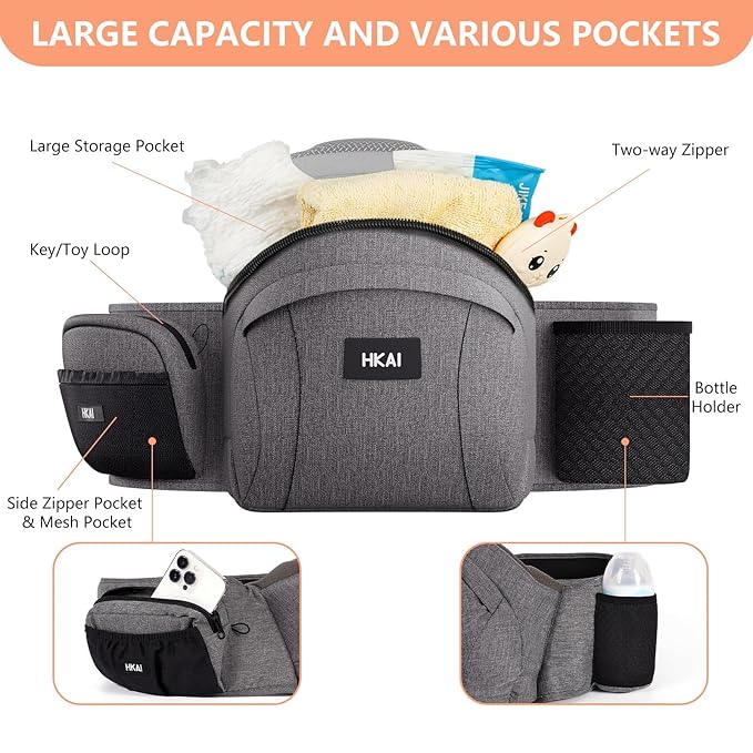 HKAI Baby Hip Carrier,Baby Carrier with Adjustable Waistband & Breathable Mesh, Ergonomic Carrier with Non-Slip Hip Seat Surface for Newborns & Toddlers (Grey)