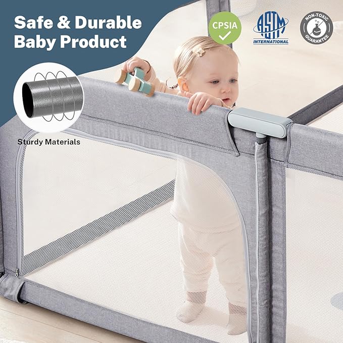 Baby Playpen Portable, Pre-Assembled Play Pen 71x79 Large Foldable Playpen for Babies and Toddlers, Sturdy and Safe Toddler Play Yard Indoor Outdoor with Carry Bag,Light Grey