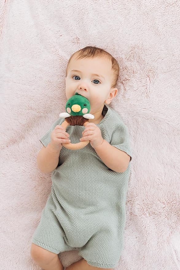 Pearhead Mallard Duck Wooden Teething Ring, Soft Plush Lovey Baby Teether, Natural Wood Infant Rattle Toy for Teething Relief, BPA-Free Newborn Teether Ages 0m+