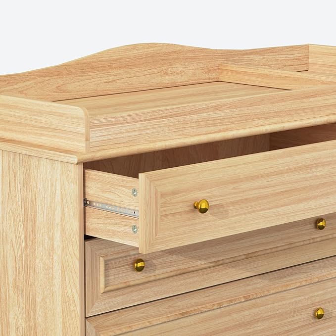 St.Mandyu Wood Changing Table Dresser, Baby Nursery Dresser, Baby Diaper Changing Table, 5 Drawers, Adjustable Shelves, Metal Handle, Curved Wrapping Design, Nature