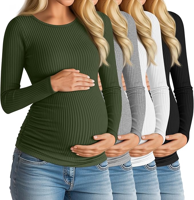 Huukeay 4 Pack Women's Maternity Shirts, Long Sleeve Cotton Ribbed Pregnancy Tops Side Ruched Crew Neck Casual Mama Clothes