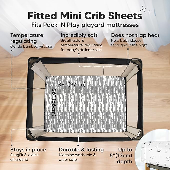 Pack and Play Sheets Fitted - 2-Pack Mini Crib Sheets for Pack N Play Mattress 38x26, Soft & Cozy, Neutral Toddler Playard Bedding, Snug Fitted Mini Baby Crib Mattress Cover Boy, Girl (Nordic)