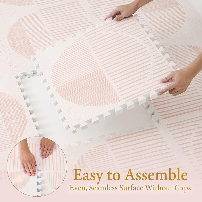 PopsyKosy Premium Baby Floor Play Mat - Thick & Cushioned 0.5 inch Playroom Foam Mat, Non-Toxic Odorless - 6 Tiles - Spacious 6x4 ft. - Stylish & Large, Waterproof for Kids & Toddlers - Cream Pink