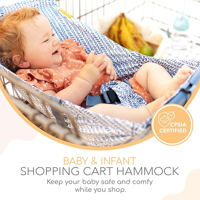 Binxy Baby Shopping Cart Hammock – Infant Seat for Grocery Carts – Holds Car Seats Securely – Compatible with Select 4-Seater Wagons (20–24” Wide) – Supports Up to 50 lbs – Blue Little Arrow