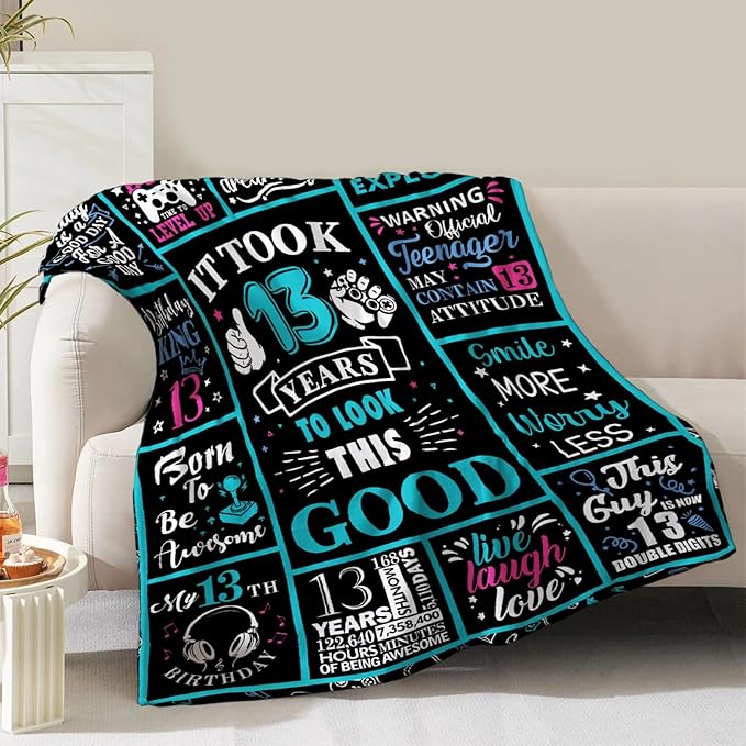 13 Year Old Boy Gifts, 13th Birthday Gifts for Boys Blanket Coolest Birthdays Gifts for 13 Year Old Boy Son Grandson Nephew Brother Party Decor Christmas Valentines Easter Presents Soft Throw 60x50in