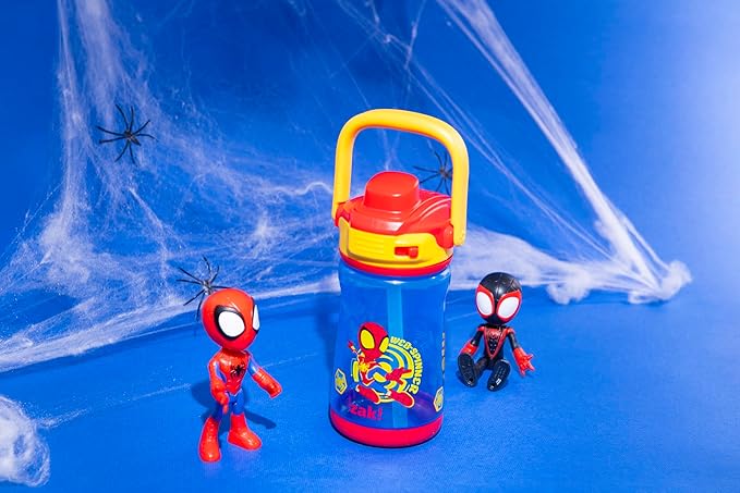 Zak Designs Marvel Spider-Man Beacon Kid Water Bottle for Travel, 12oz Plastic is Durable and Leak-Proof with Liquid Lock Spout, Cover, Carry Handle, Protective Base (Spidey and His Amazing Friends)