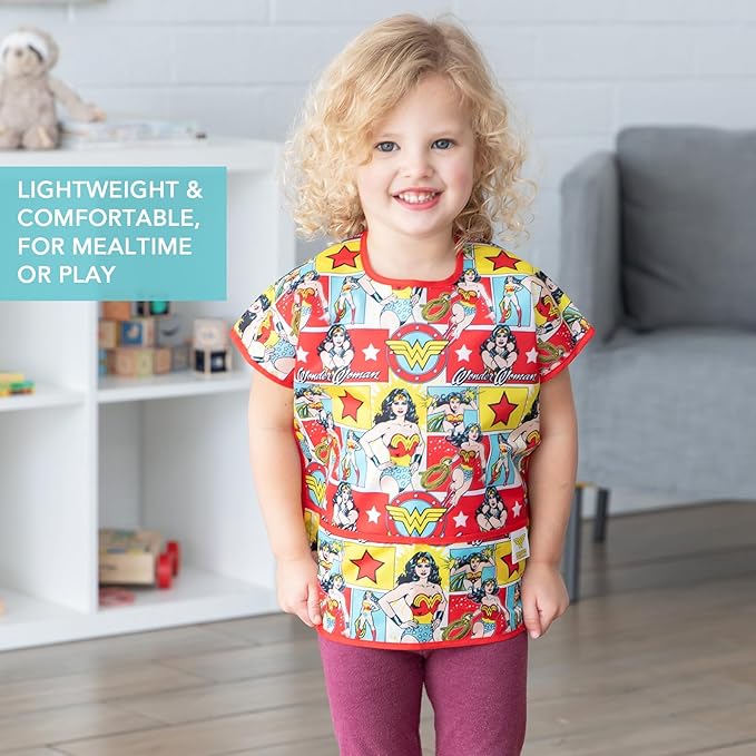 Bumkins Short Sleeve Bib for Girl or Boy, Toddler and Kids for 1-3 Years, Large Size, Essential Must Have for Junior Children, Eating, Mess Saving Soft Fabric Apron for Play, Wonder Woman DC Comics