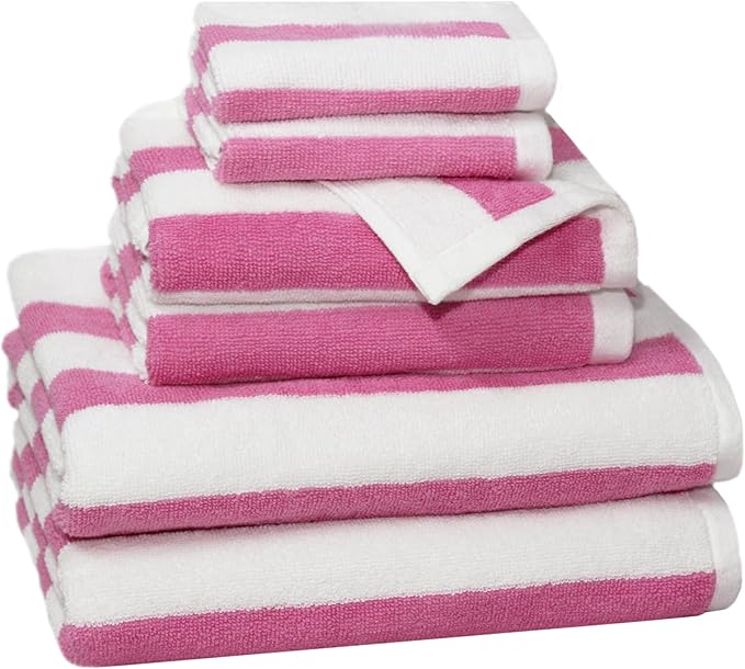 ORIGINAL KIDS 6 Piece Towel Set - Cabana Stripe - Rugby Stripe - 2 Bath Towels, 2 Hand Towels, 2 Washcloths - 100% Cotton - Soft Absorbent Quick Dry Durable Pool Shower Beach - Gift - Pink White