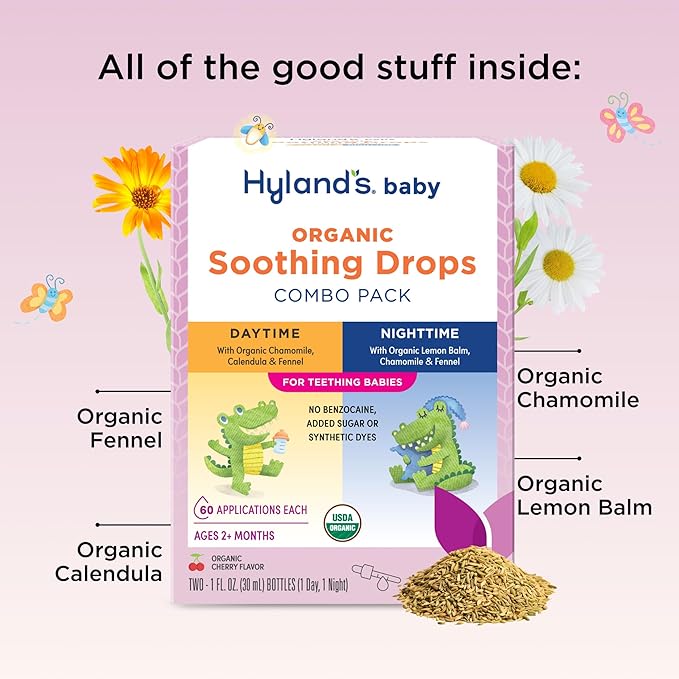 Hyland's Baby Organic Daytime and Nighttime Soothing Drops Combo Pack, Drops for Oral Discomfort, 2 oz.