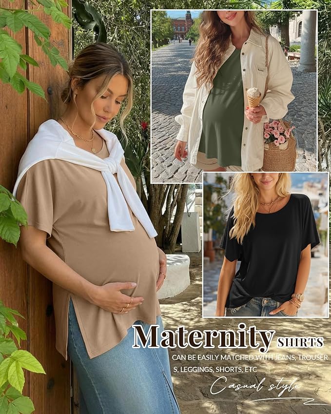 Riyiper 3 Pack Women's Maternity Tunic Shirts Cotton Summer Pregnancy Clothes Loose Oversized Split Side Blouse Tops