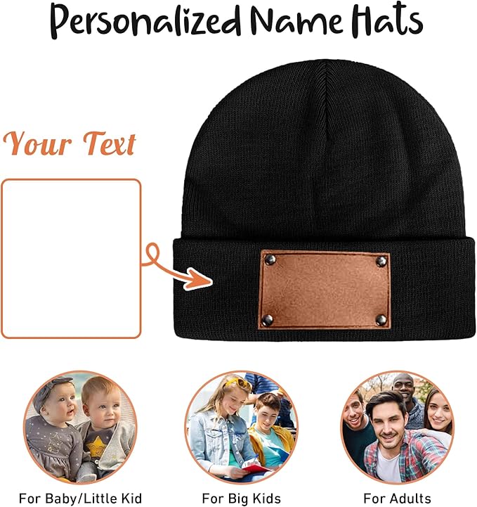 Personalized Name Baby Beanie Hat Leather Patch - Apricot Beanies Knit Hat Birthday Gifts for Kids Toddler to Adults