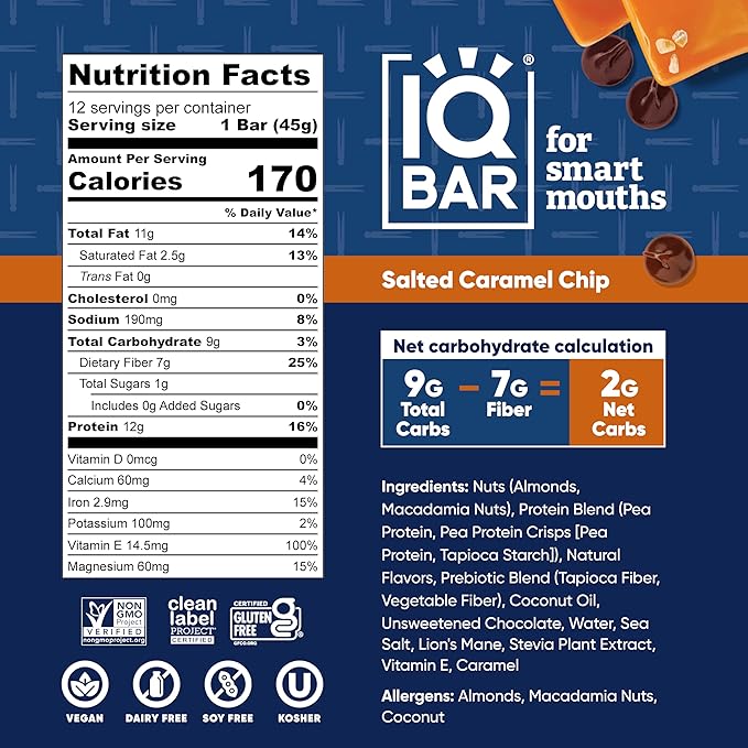 IQBAR Brain and Body Clean Plant Protein Bars - Salted Caramel Chip - 12 Bars - Keto, Vegan, High Fiber, Gluten and Dairy Free, Low Sugar Snack with Nutrients for Focus, Energy, Meal Replacement