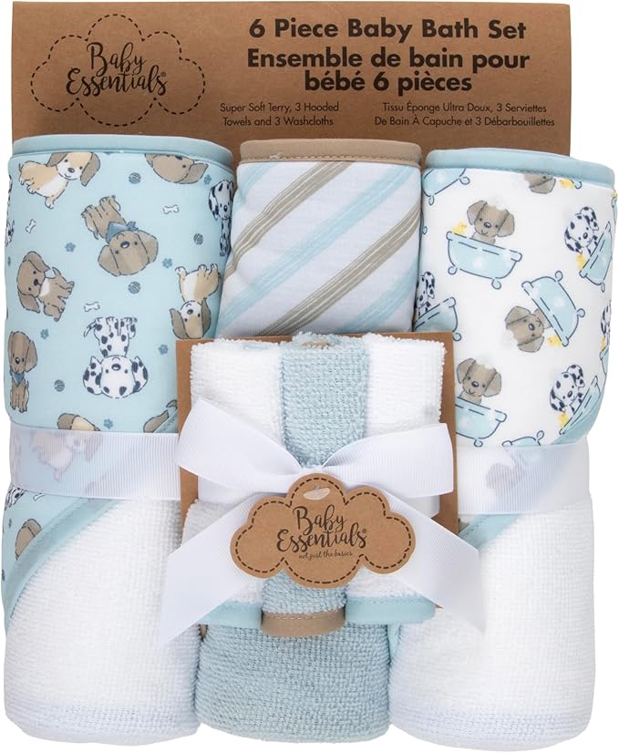 Baby Bath Essential Hooded Baby Bath Towel and Washcloth 6 Piece Set for Newborns, Infants & Toddlers, Boys & Girls Baby Hooded Towels Set (Puppy Dogs)