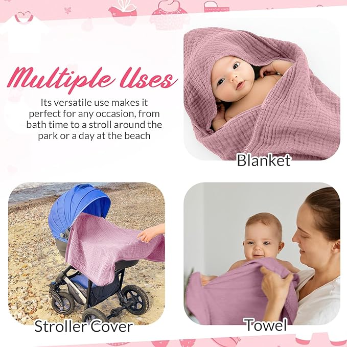 6 Pcs Muslin Hooded Bath Towels Washcloths and Bibs Set, Muslin Cotton Baby Towels Absorbent Hooded Blanket Towel Infant Bibs for Boys Girls Newborn Infant Essential(Pink,Rose)