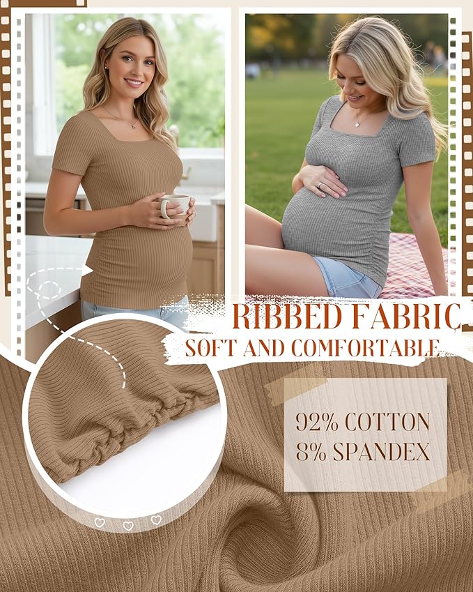 Huukeay 4 Pack Women's Maternity Shirts Cotton Ribbed Short Sleeve Square Neck Pregnancy Tops Side Ruched Summer Tee