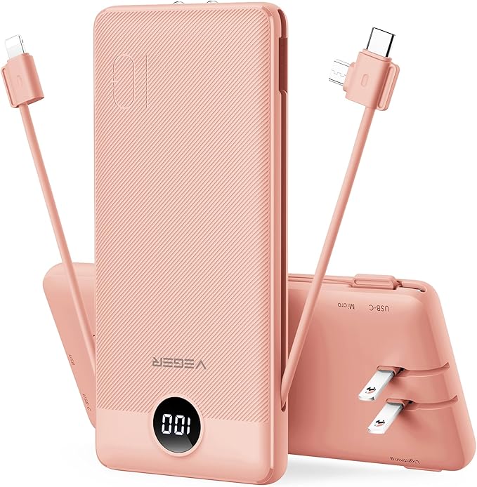VEGER Portable Charger with Built-in AC Plug and Cables, All in One 10000mAh Ultra Slim Power Bank Travel Essentials, 15W Fast Charging Battery Pack Compatible with iPhone, Samsung, More(Dark Pink)
