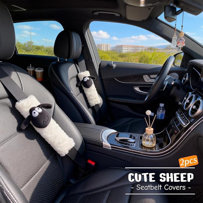2 PCS Seat Belt Cover Pad, Cute Kawaii Sheep Seatbelt Covers for Kids, Winter Plush Fluffy Soft Seat Belt Cover, Seatbelt Cushion,Car Seat Strap Pads (H-Sheep)