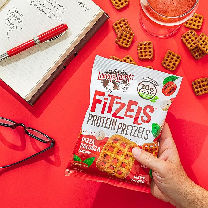 Lenny & Larry's FITZELS Protein Pretzels (Pizza Palooza) 8 Individual Bags 3 oz Each – High Protein Snacks with 20g of Plant Based Protein – Healthy Vegan Pretzels – Delicious Salty Taste